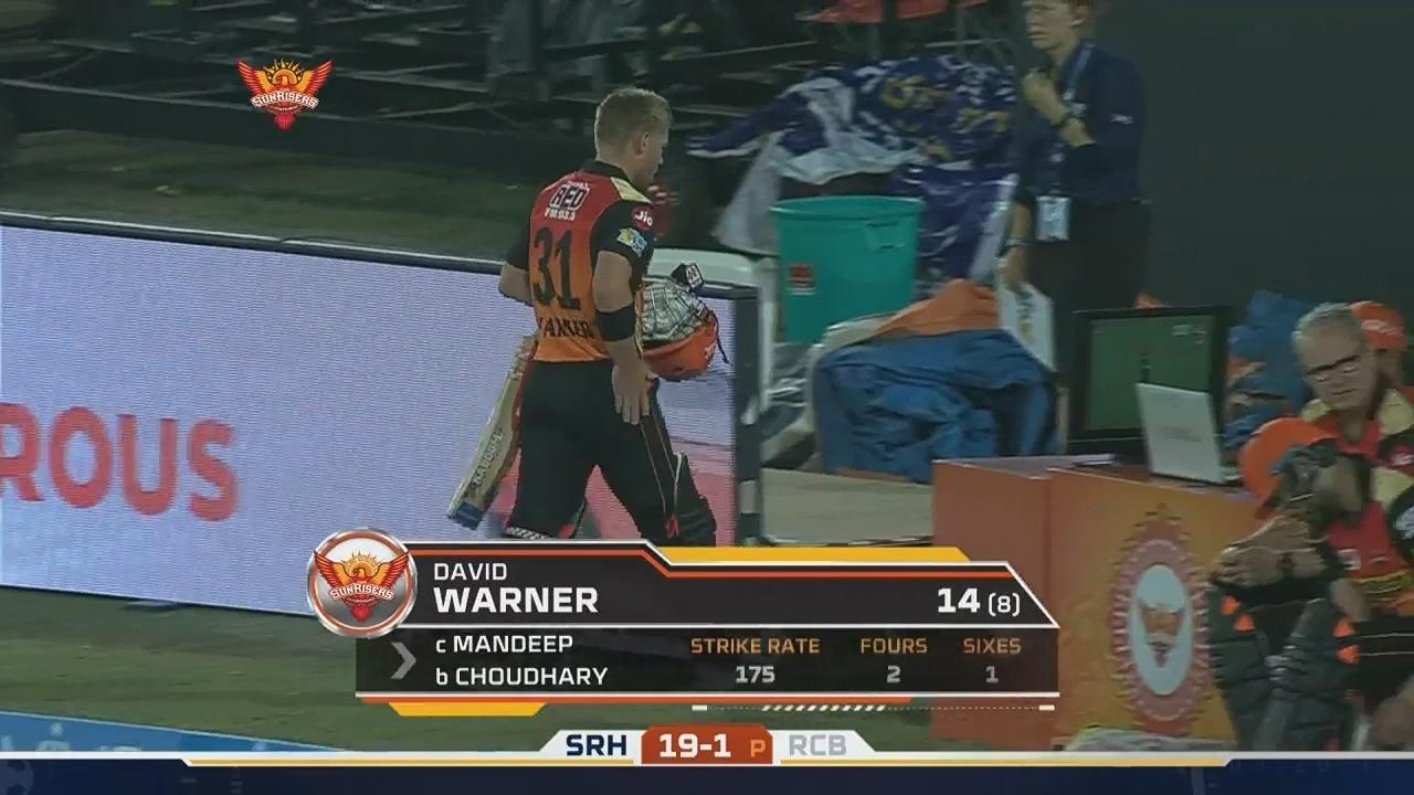 M1: SRH vs RCB – David Warner Wicket