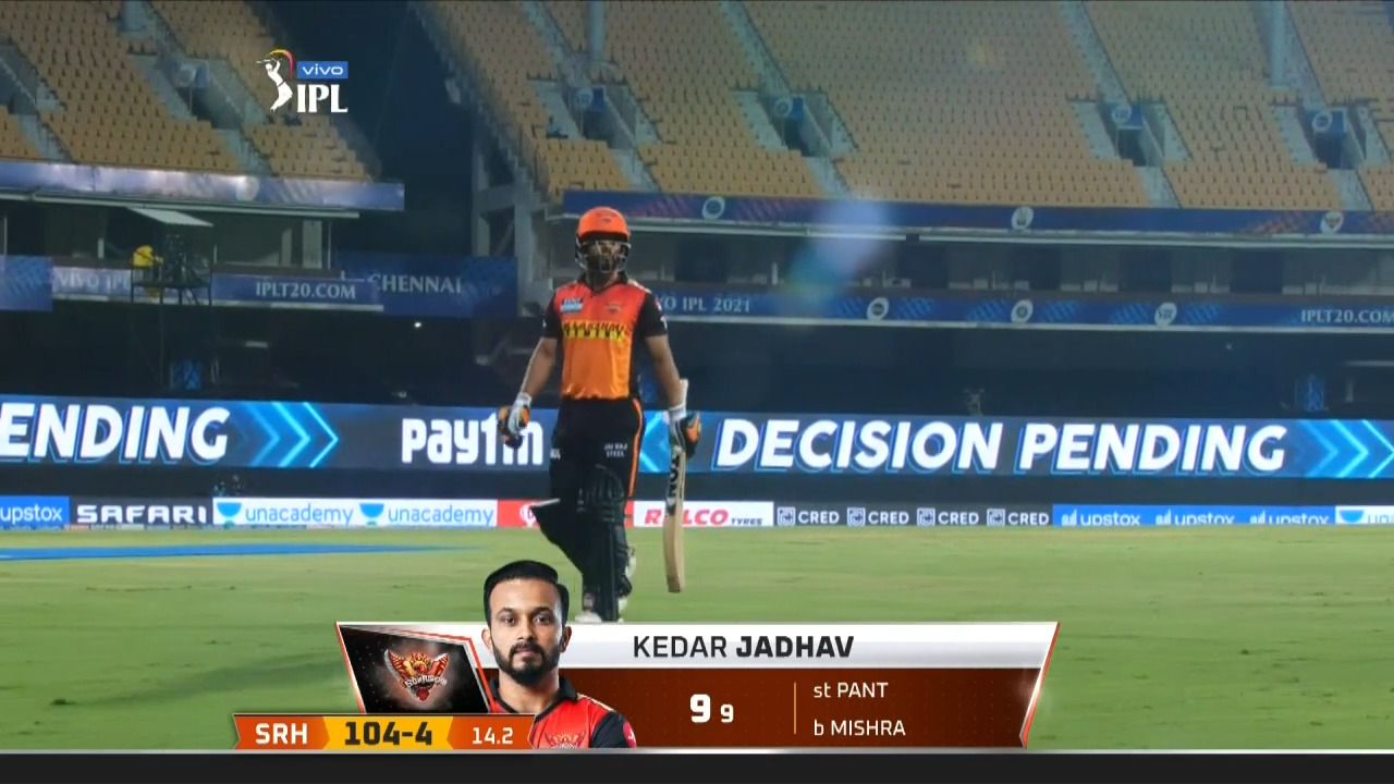 M20: SRH vs DC – Kedar Jadhav Wicket