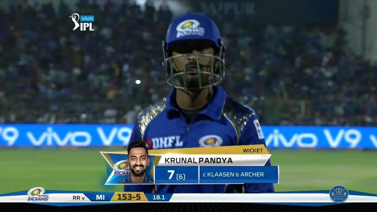M21: RR vs MI – Krunal Pandya Wicket