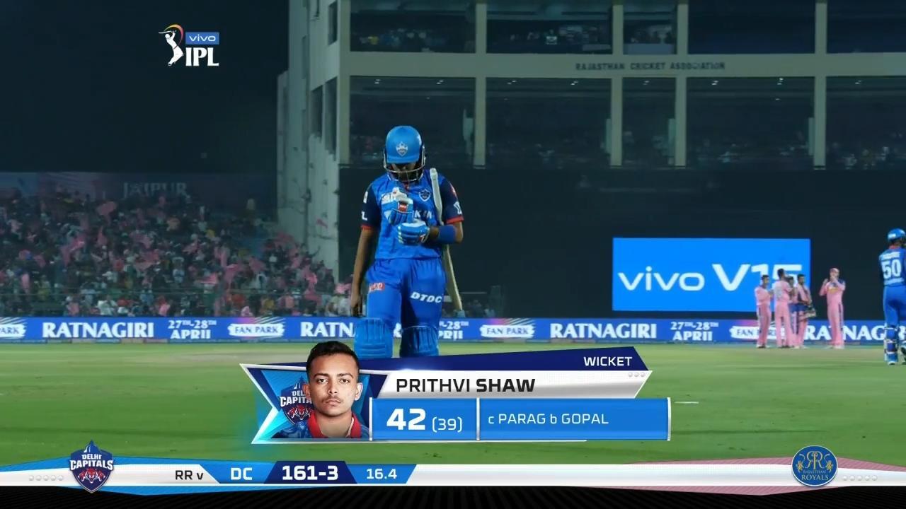 M40: RR vs DC – Prithvi Shaw Wicket
