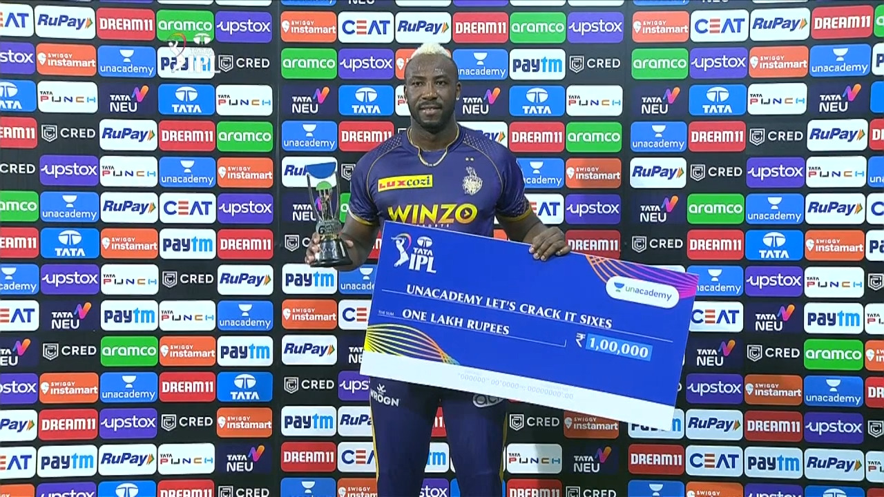 M35: KKR vs GT – Unacademy Let's Crack It Sixes of the Match – Andre Russell background
