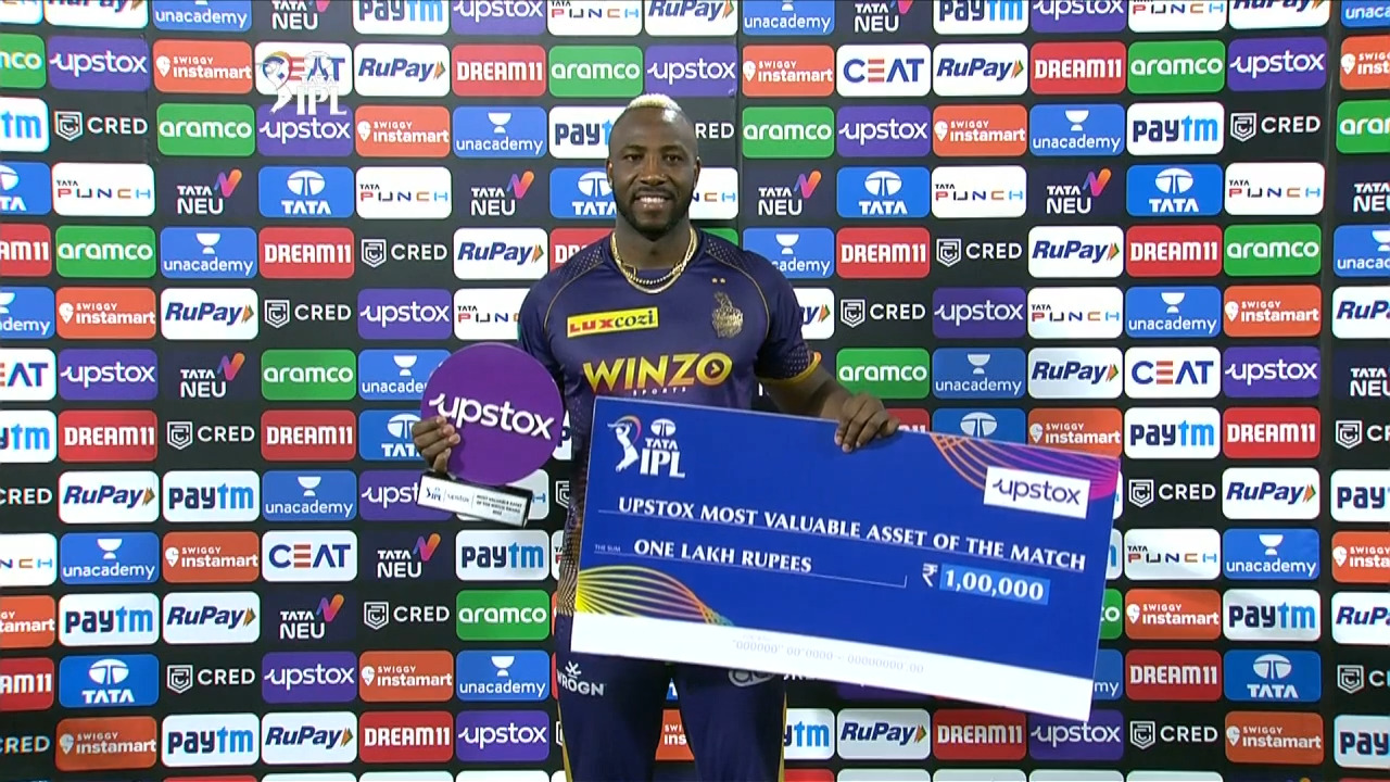 M61: KKR vs SRH – Upstox most Valuable Asset of the match – Andre Russell backdrop