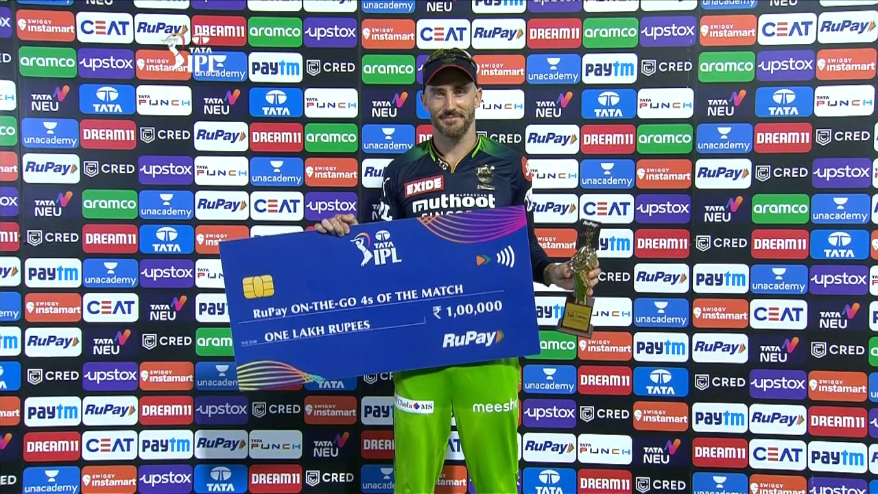 M54: SRH vs RCB – RuPay On-The-Go 4s of the Match – Faf Du Plessis background