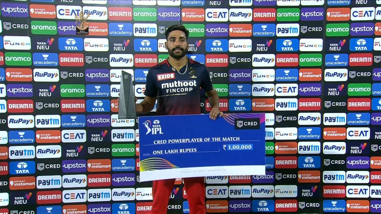 M39: RCB vs RR – CRED Power Player of the Match – Mohammed Siraj backdrop