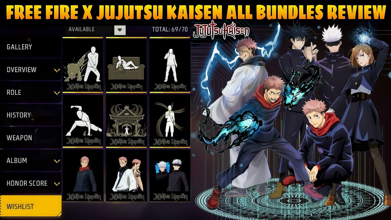 FREE FIRE X JUJUTSU KAISEN COLLAB π || FINALLY ALL JUJUTSU KAISEN FREE ITEMS & REWARDS REVIEW π₯³