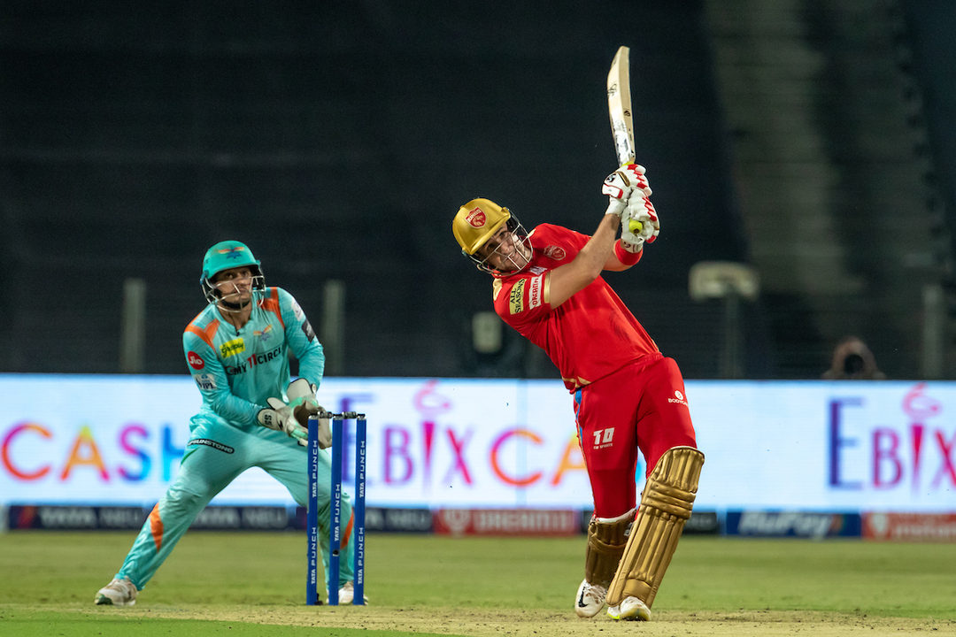 Hammered: Liam Livingstone's dual sixes against Bishnoi