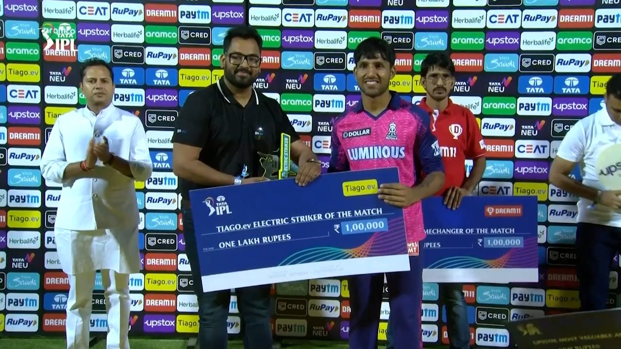 M37: RR vs CSK – TIAGO.ev Electric Striker of the Match – Dhruv Jurel background
