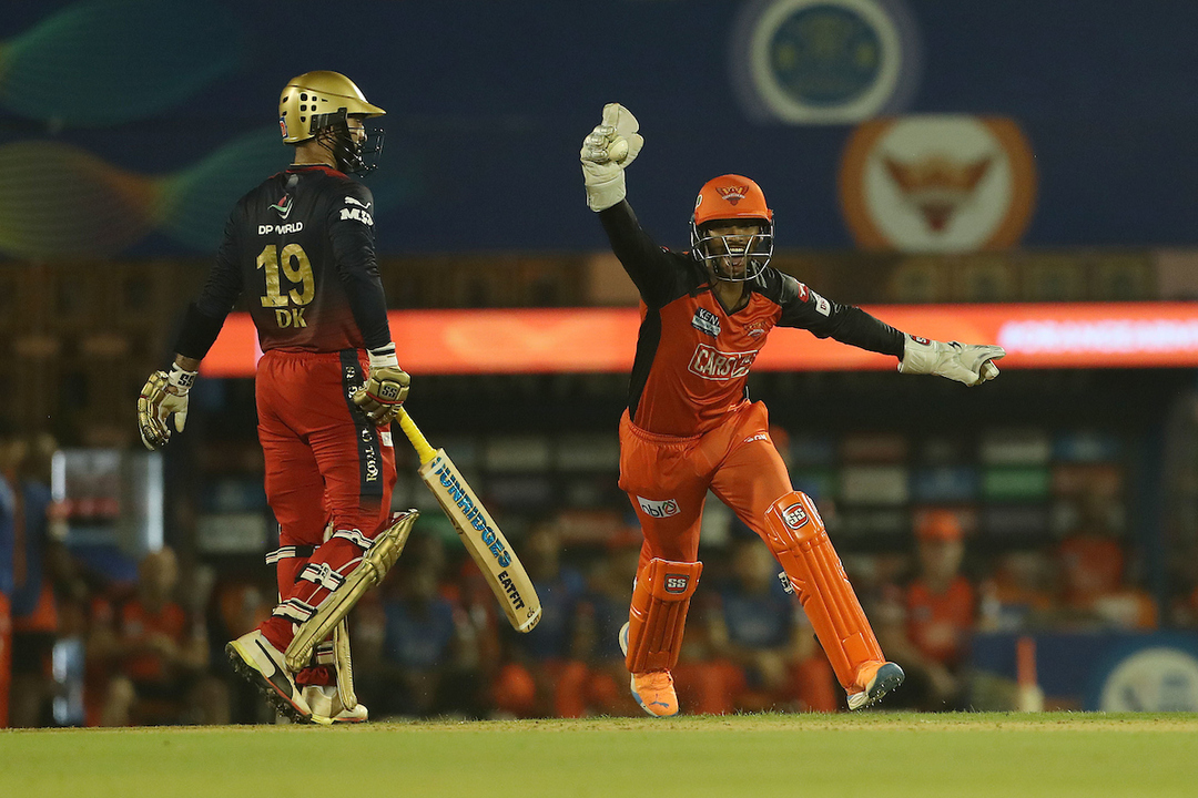 Nicky P's sharp catch down the leg-side. RCB lose DK