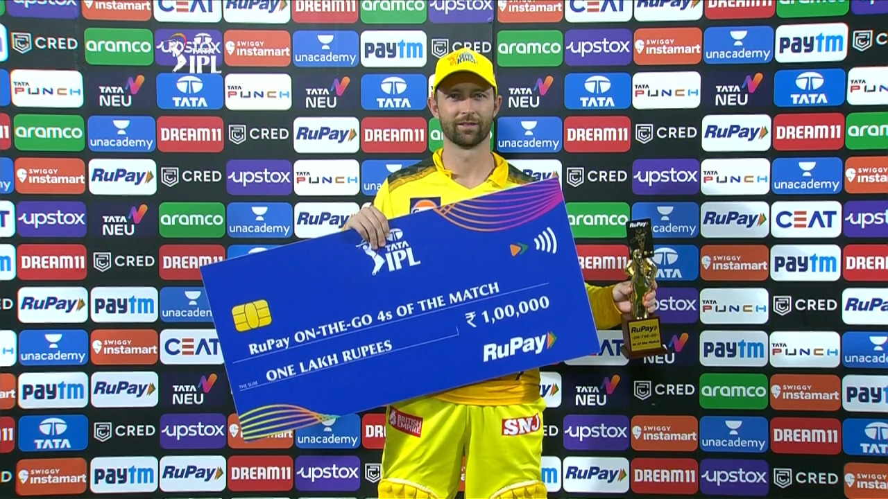 M49: RCB vs CSK – RuPay On-The-Go 4s of the Match – Devon Conway background