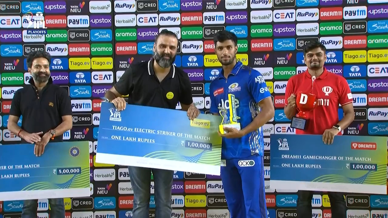Q2: GT vs MI – TIAGO.ev Electric Striker of the Match – Tilak Varma background