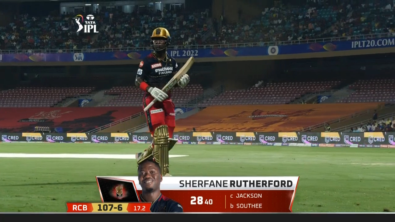 M06: RCB vs KKR – Sherfane Rutherford Wicket