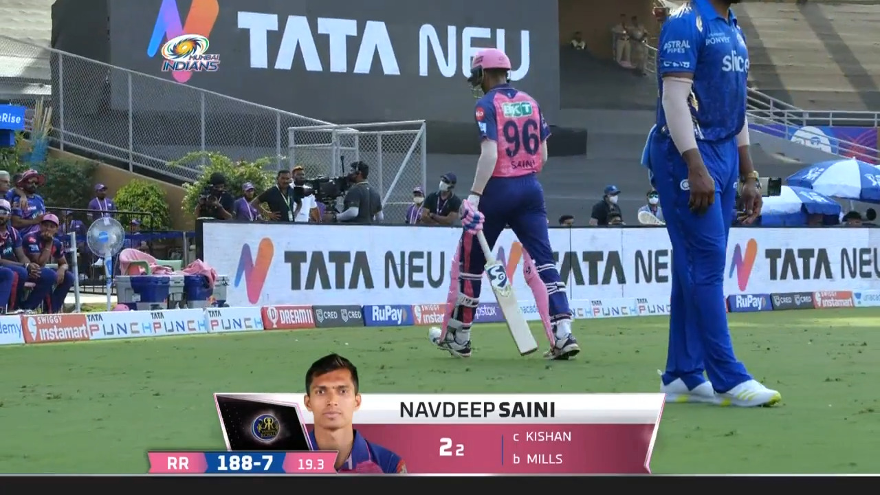 M09: MI vs RR – Navdeep Saini Wicket
