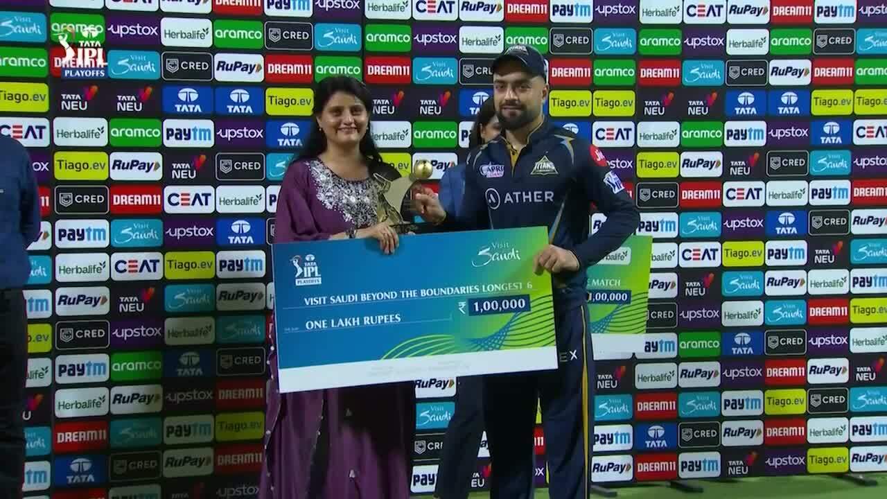 Q1: GT vs CSK – Visit Saudi Beyond the Boundaries Longest 6 of the Match – Rashid Khan