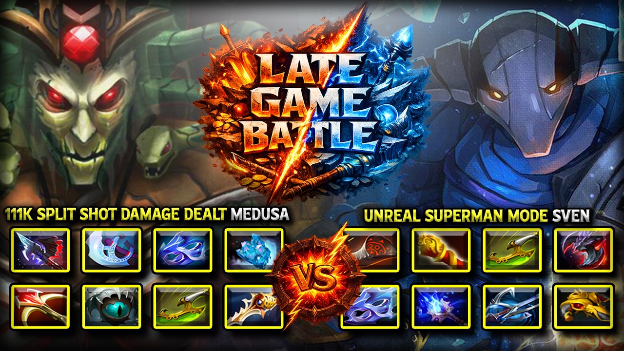 EPIC LATE GAME BATTLE | 111K SPLIT SHOT DAMAGE QUEEN MEDUSA VS. UNREAL SUPERMAN MODE SVEN 7.41c DOTA background