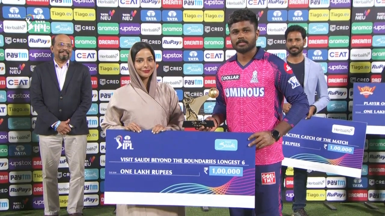 M04: SRH vs RR – Visit Saudi Beyond the Boundaries Longest 6 of the Match – Sanju Samson background