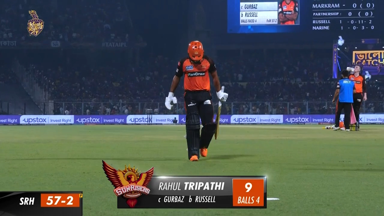 M19: KKR vs SRH – Rahul Tripathi Wicket