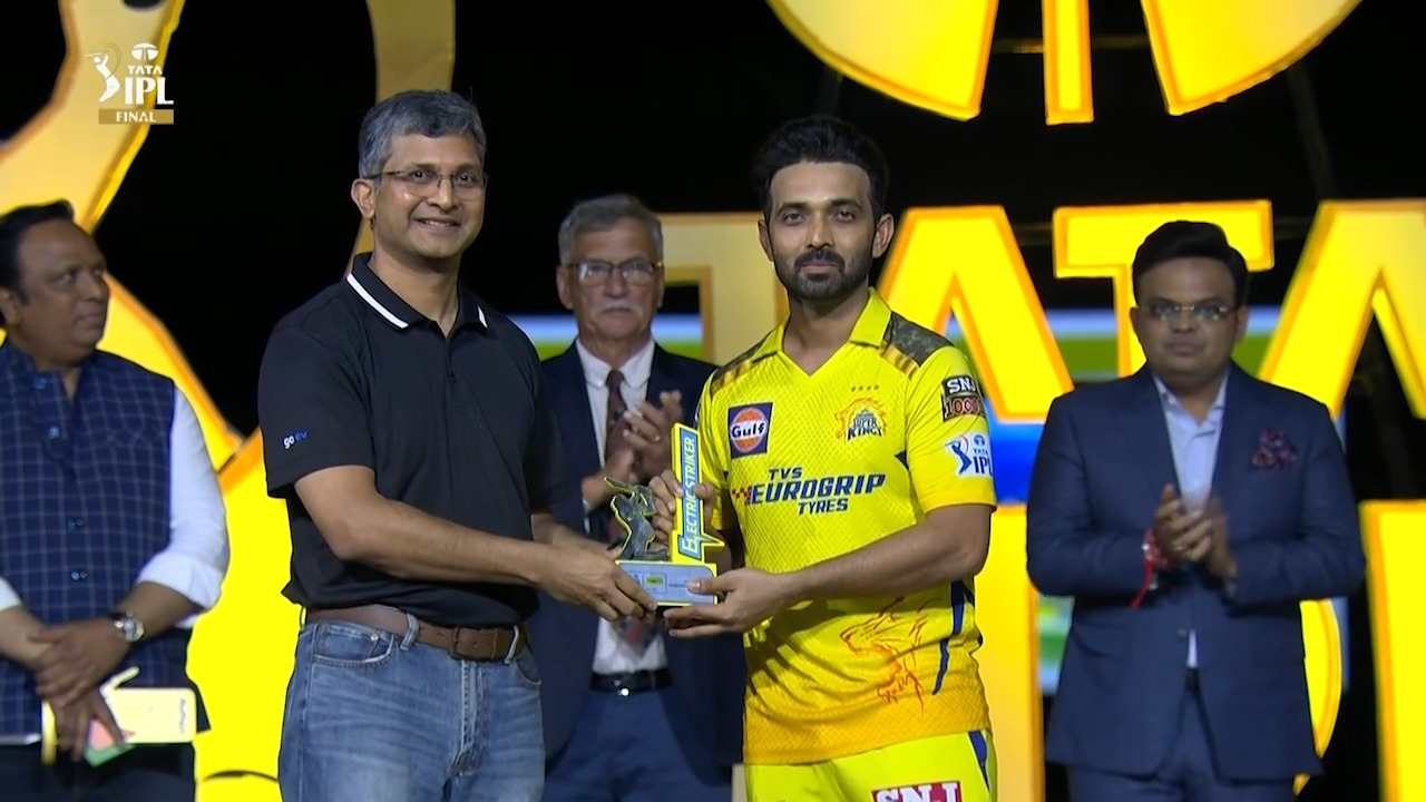 Final: CSK vs GT – TIAGO.ev Electric Striker of the Match – Ajinkya Rahane background