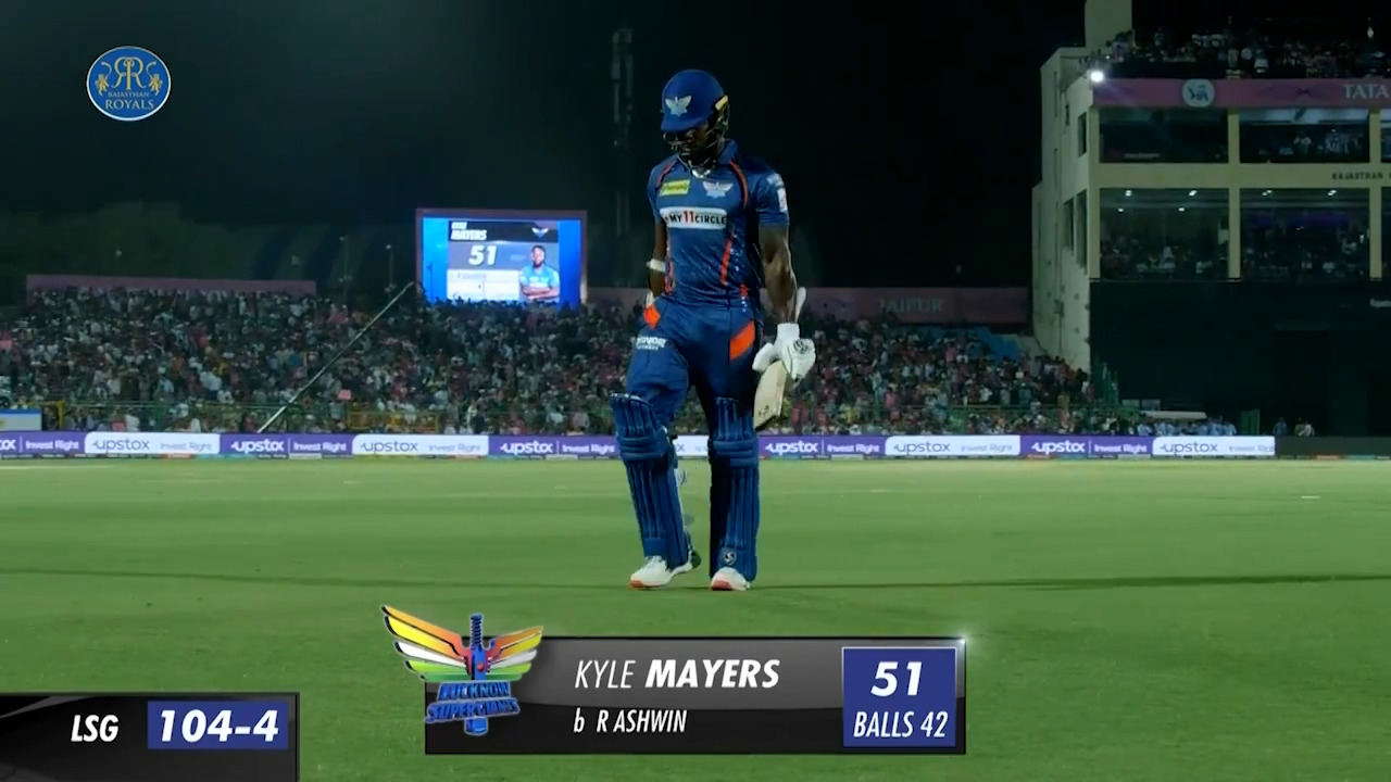M26: RR vs LSG – Kyle Mayers Wicket background