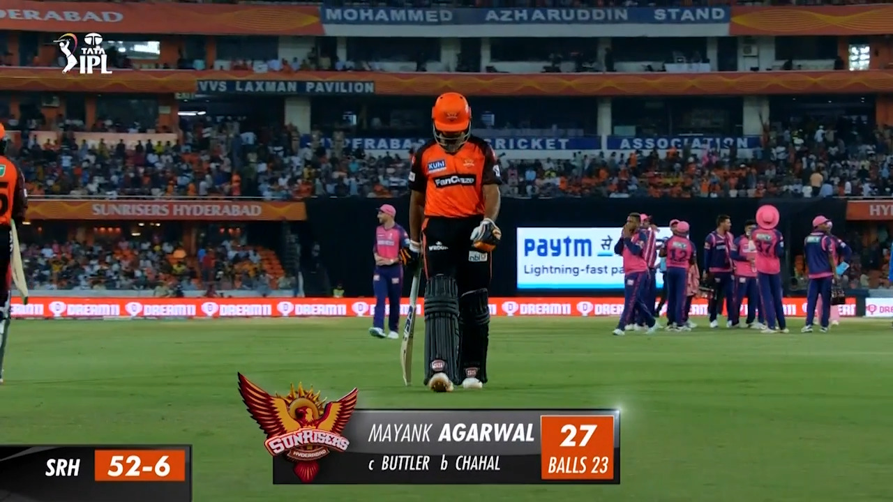M04: SRH vs RR – Mayank Agarwal Wicket