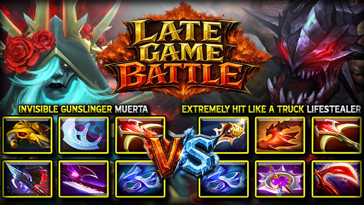 EPIC LATE GAME BATTLE | INVISIBLE GUNSLINGER MUERTA VS. EXTREMELY HIT LIKE A TRUCK LIFESTEALER DOTA2 background
