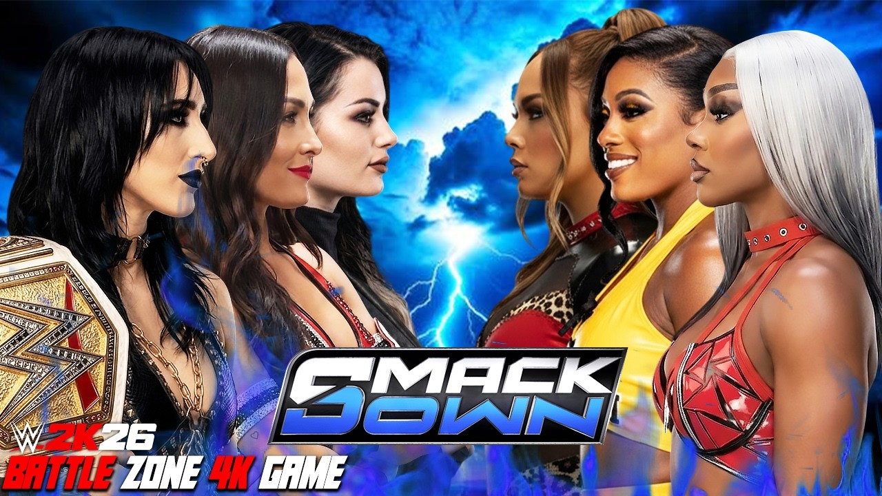 WWE SMACKDOWN - Rhea Ripley Paige Brie Bella vs Jade Cargill Lash Legend Nia Jax WWE 2K26 15 May 26 background