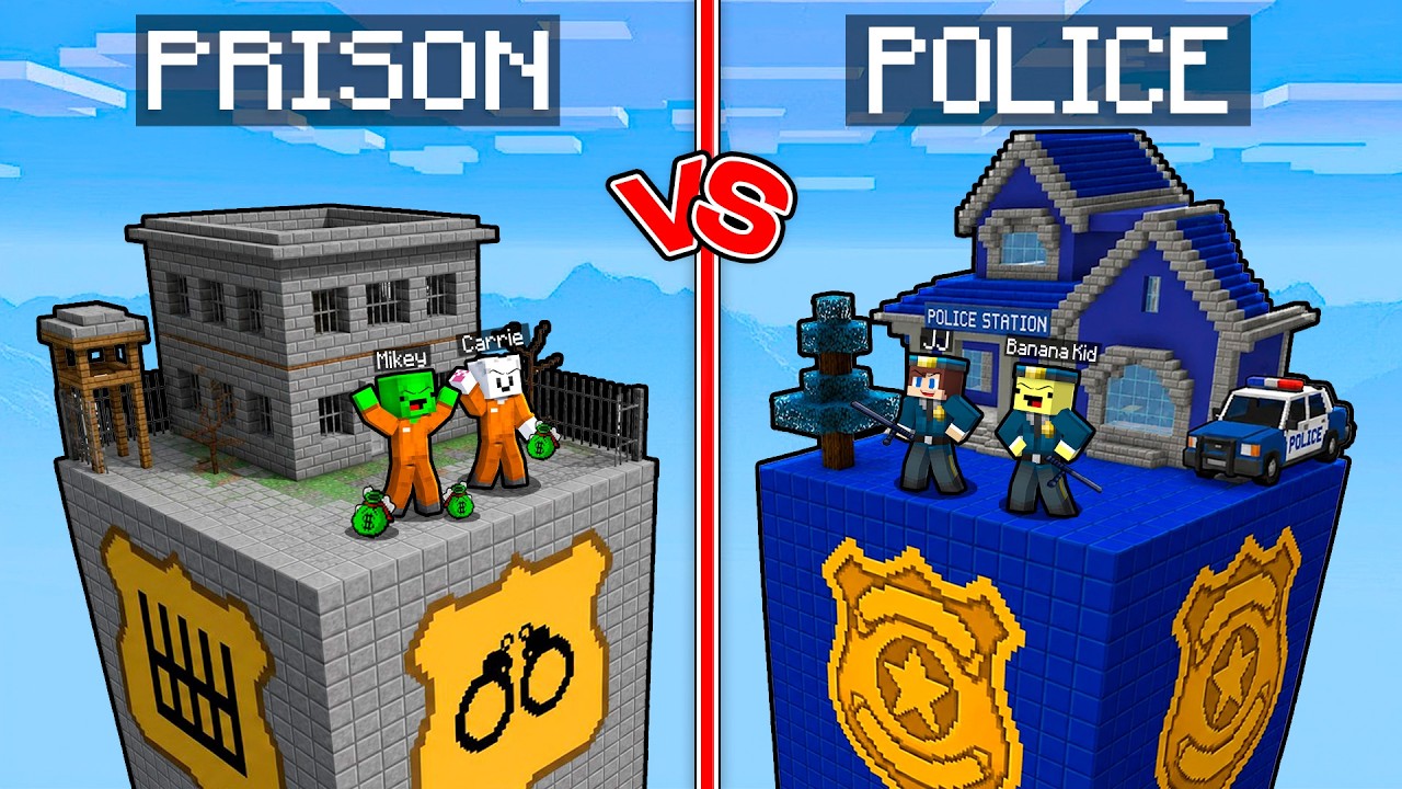 JJ and Banana Kid vs Mikey and Carrie: POLICE vs PRISONERS CHUNK BATTLE In Minecraft - Maizen
