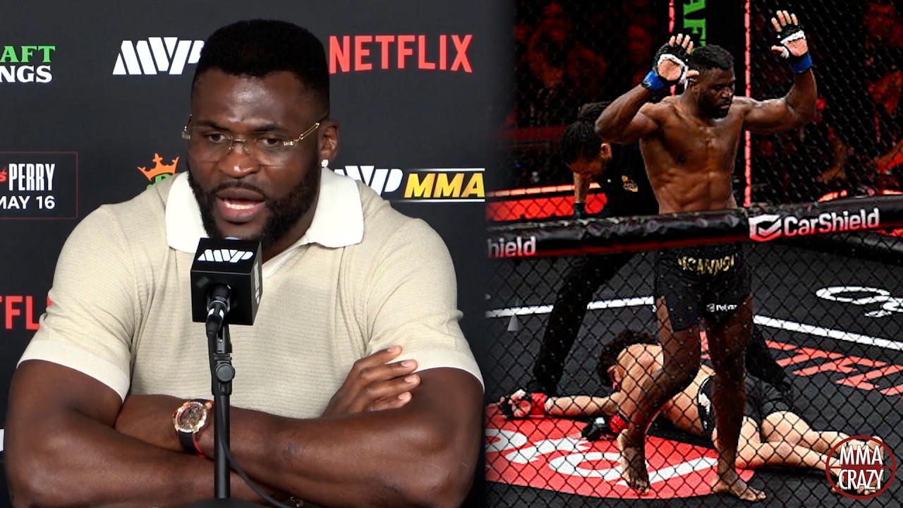 Francis Ngannou immediate reaction KO over Philipe Lins at MVP MMA background