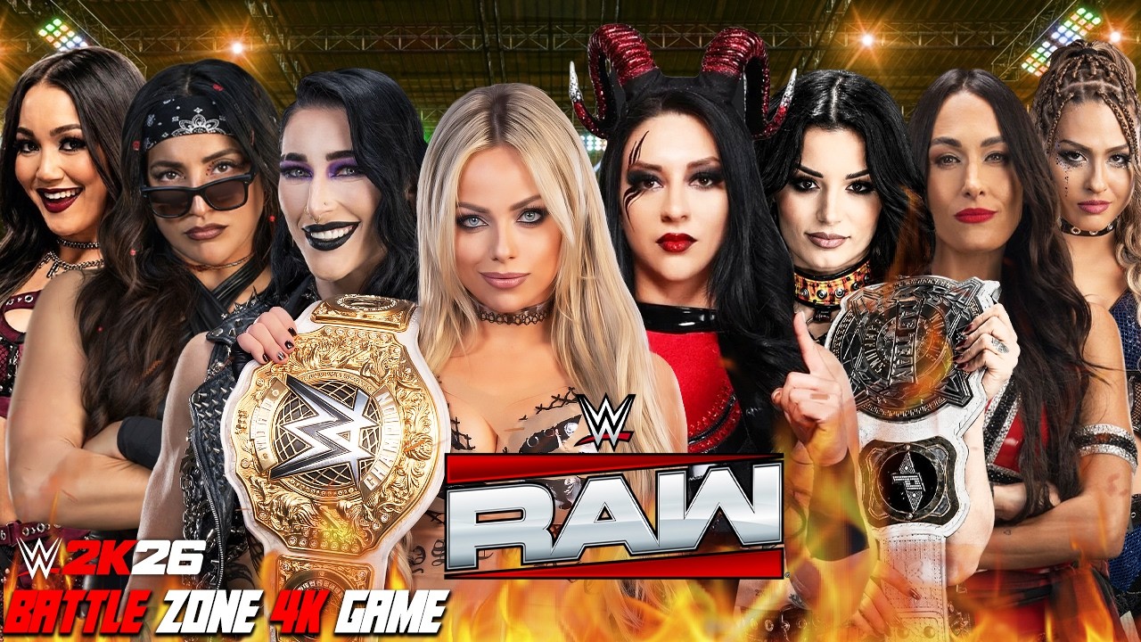 Liv Morgan Rhea Ripley Raquel Rodriguez Roxanne Perez vs Stephanie Vaquer Paige Brie Bella Giulia background