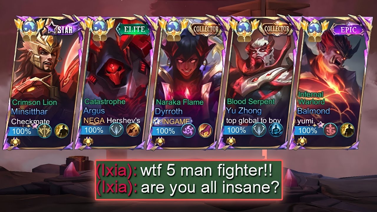 MOBILE LEGENDS 5 MAN RED SKIN FIGHTER IN RANK!!💀(best strongest fighter in one team) - MLBB