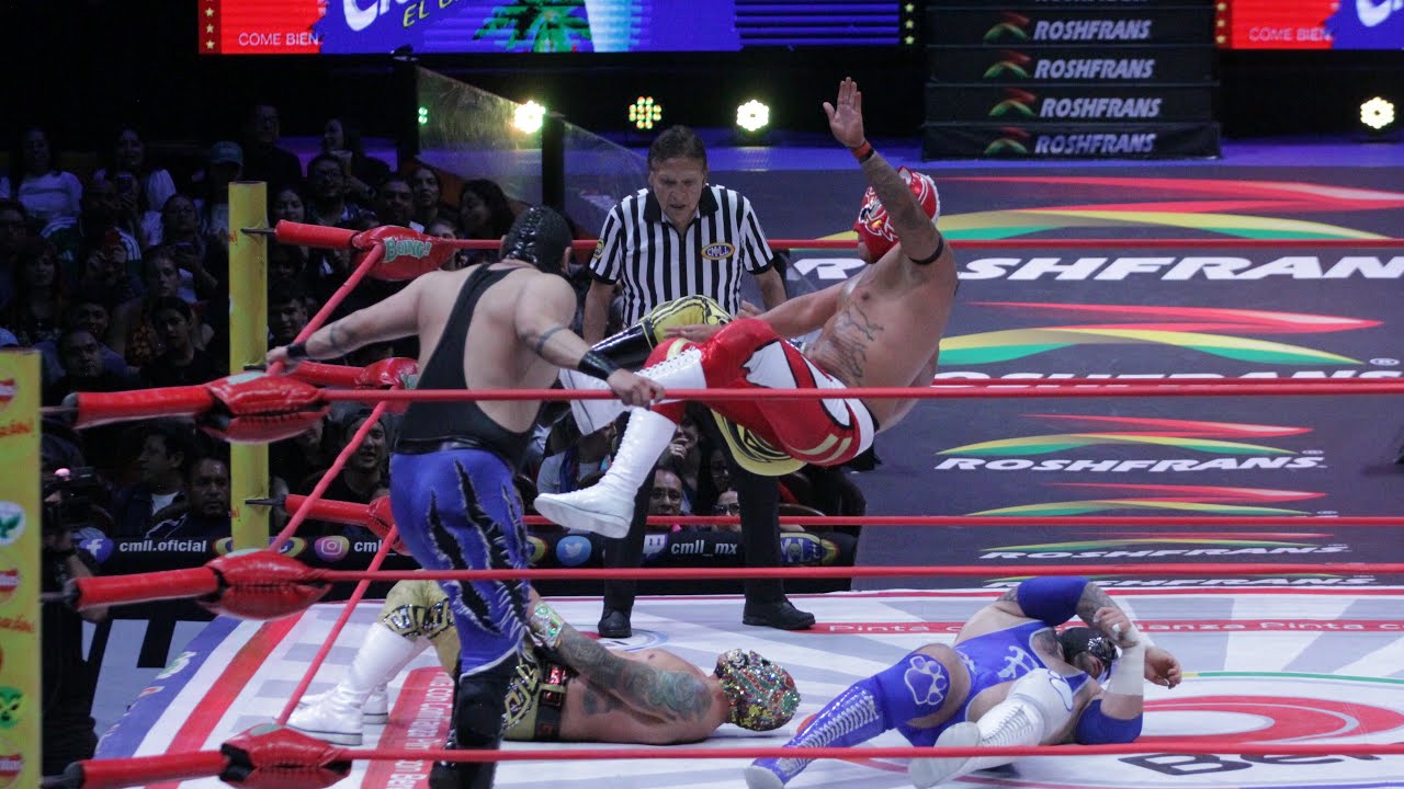 CMLL: Blue Panther Jr., Dark Panther e H de Blue Panther Vs. Vegas Depredador, Kimba y Tenochca 2026-05-20 10:36 background