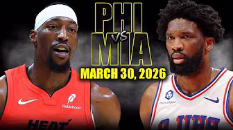 Miami Heat vs Philadelphia 76ers Full Game Highlights – March 30, 2026 | NBA Season poster — similar to Boston Celtics vs Phoenix Suns Full Game Highlights – March 16, 2026 | NBA Season