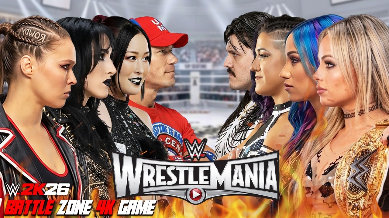 Ronda Rousey, Rhea Ripley, Iyo Sky & John Cena vs Liv Morgan, Sasha Banks, Bayley & Dominik Mysterio background