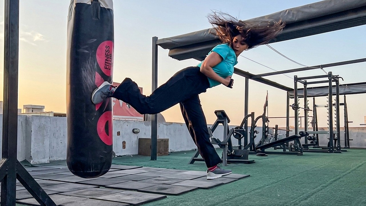 Insane Rooftop Kick Power π₯ Taekwondo Girl Destroys Heavy Bag background