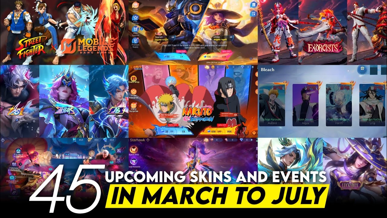 ALL 45 SCHEDULE EVENTS AND SKINS | NARUTO 2.0 | STREET FIGHTER | BLEACH X MLBB | FANNY LEGEND