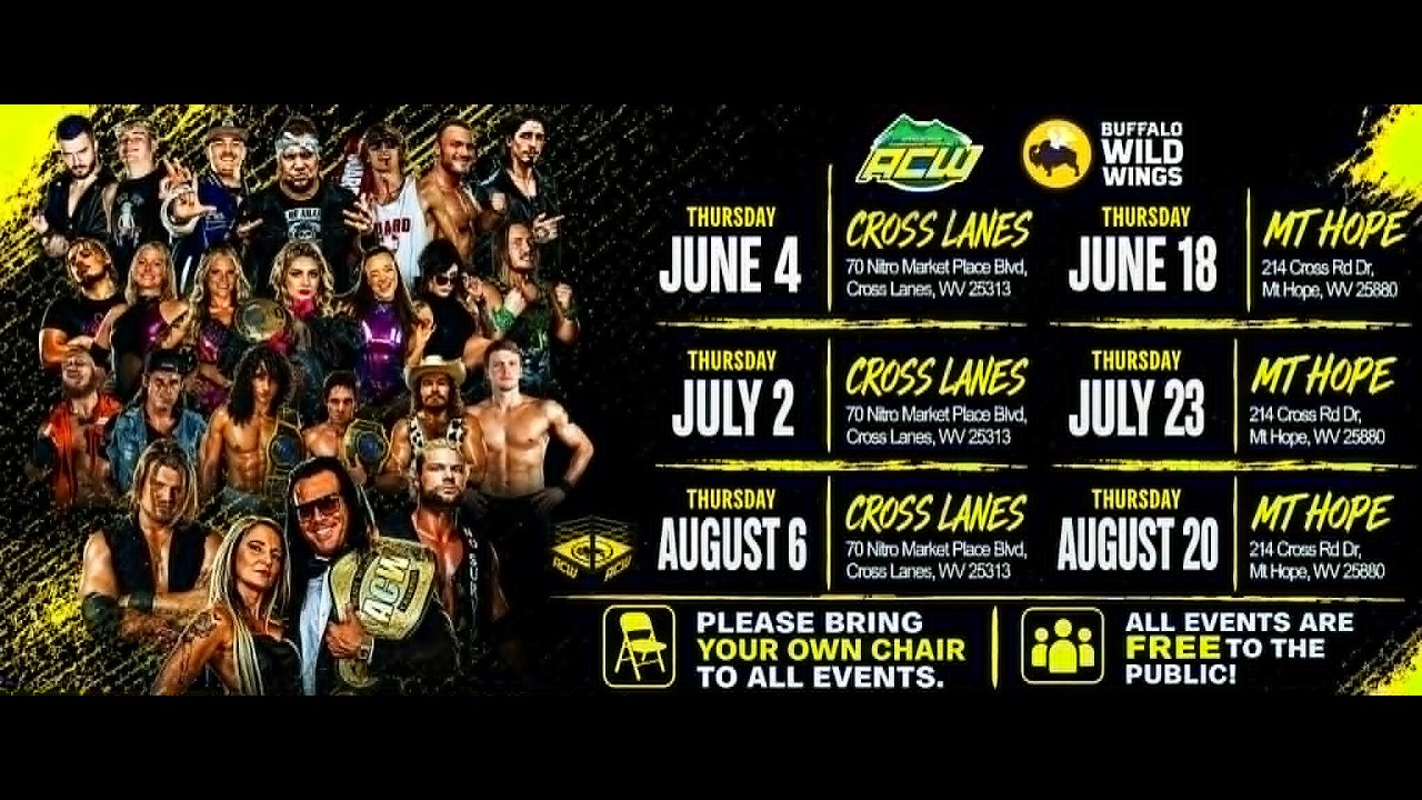 💥ACW Buffalo Wild Wings Summer schedule! FREE PRO WRESTLING! Bring the WHOLE FAMILY 😀🪑 background