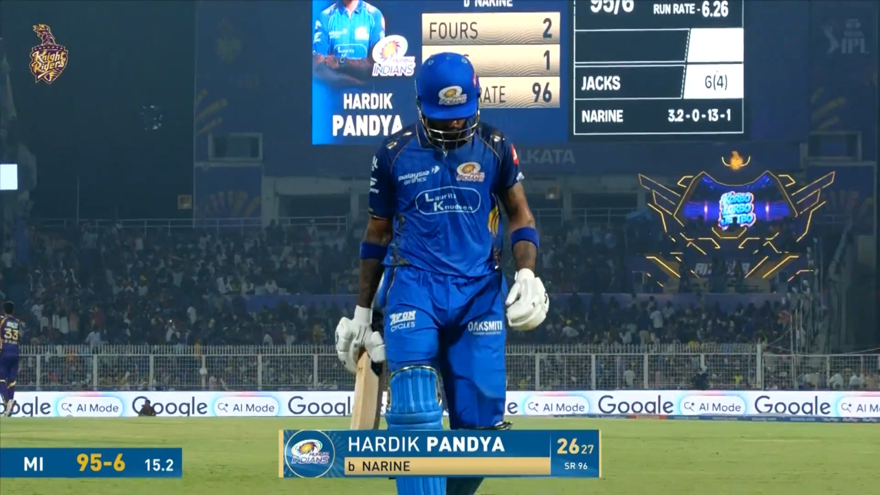 IPL 2026 M65: KKR vs MI - Hardik Pandya Wicket