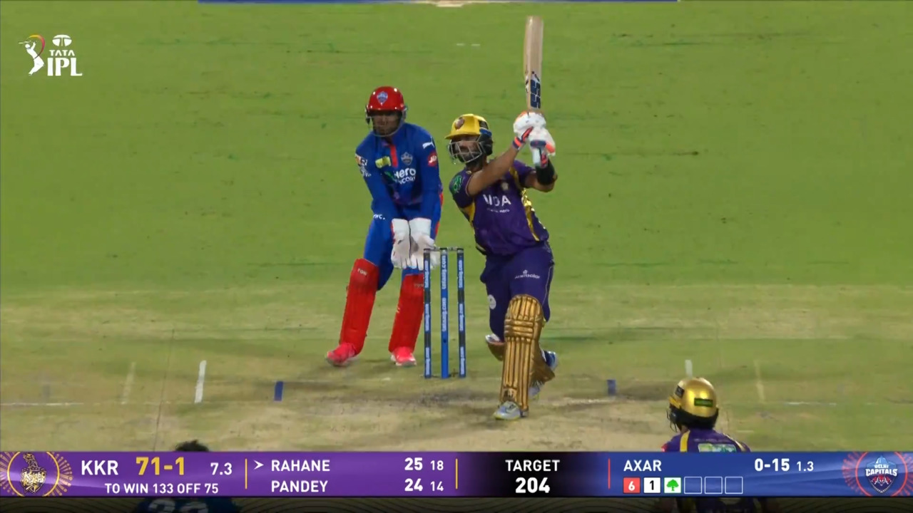IPL 2026 M70: KKR vs DC - Ajinkya Rahane Six background