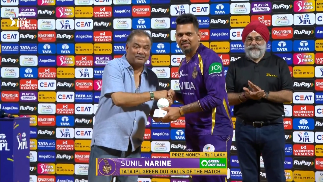 IPL 2026 M65: KKR vs MI - TATA IPL Green Dot Balls of the Match - Sunil Narine background
