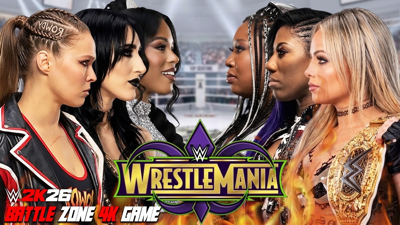 Ronda Rousey Rhea Ripley Bianca Belair vs Liv Morgan Athena Kharma | Total Destruction background