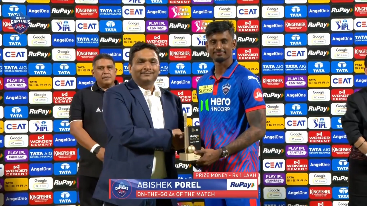 IPL 2026 M62: DC vs RR - RuPay On-The-Go 4s of the Match - Abishek Porel background