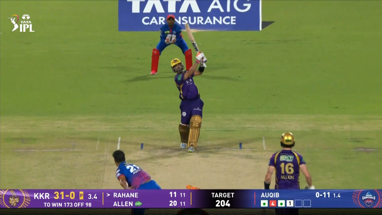 IPL 2026 M70: KKR vs DC - Ajinkya Rahane Six background