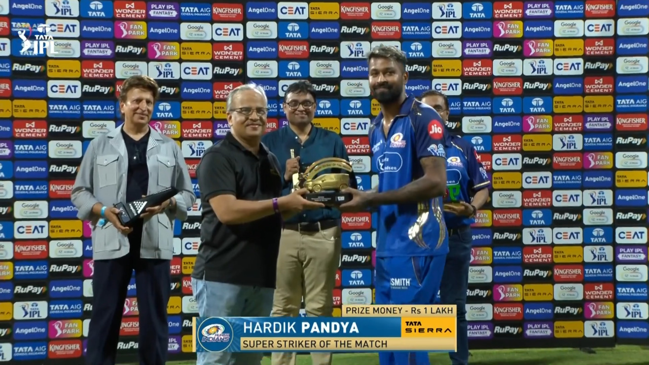 IPL 2026 M69: MI vs RR - Sierra Super Striker of the Match - Hardik Pandya background