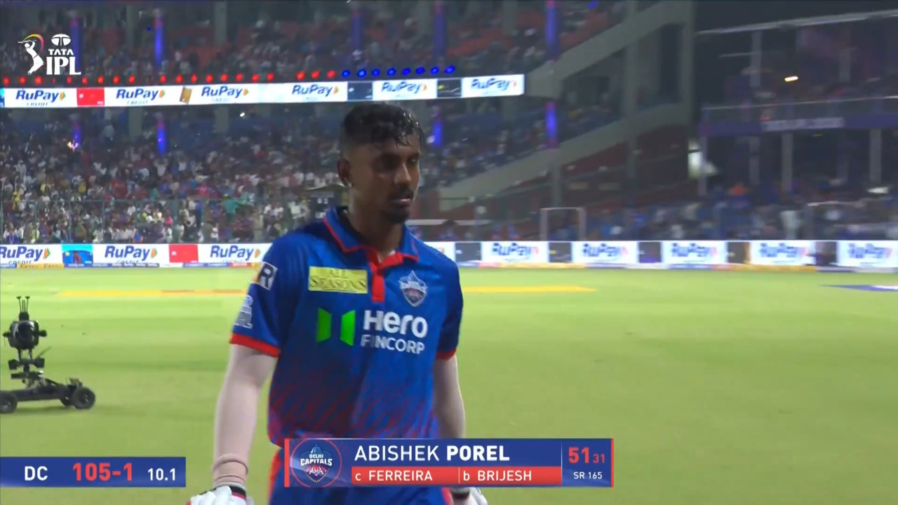 IPL 2026 M62: DC vs RR - Abishek Porel Wicket background