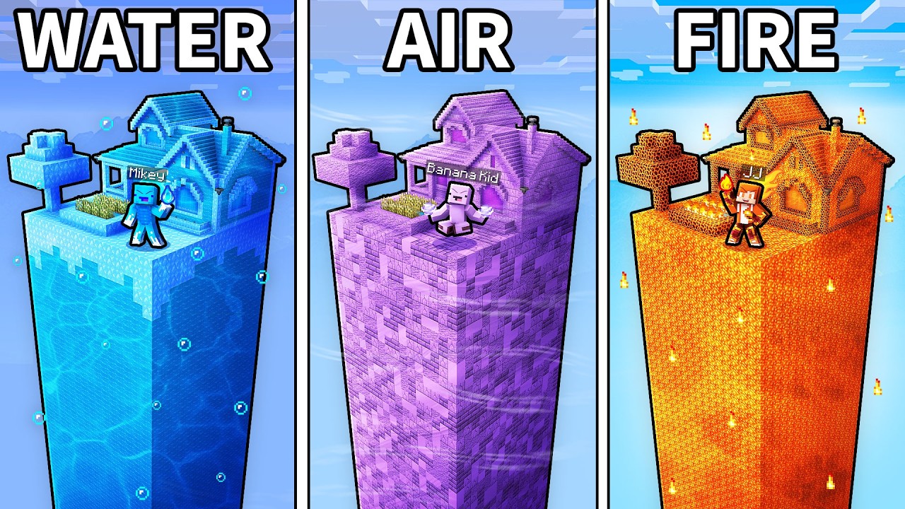 JJ vs Mikey vs Banana Kid: ELEMENTAL CHUNK BATTLE in Minecraft...