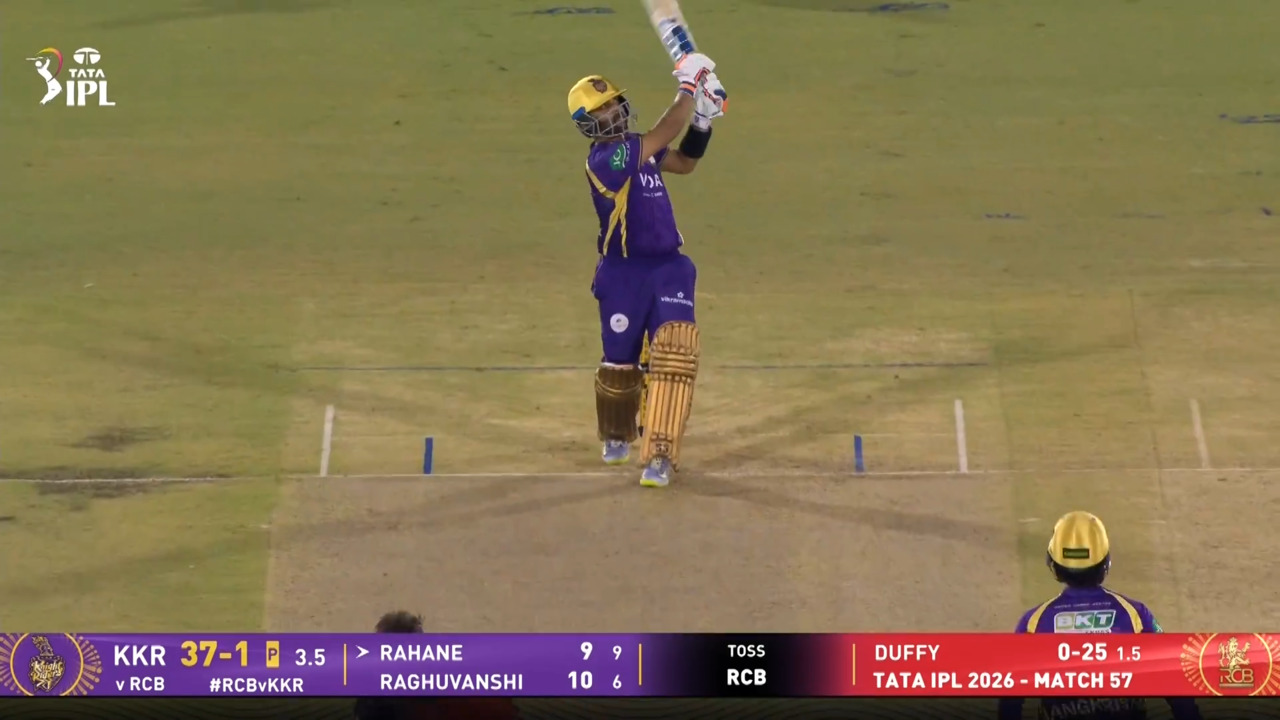 IPL 2026 M57: RCB vs KKR - Ajinkya Rahane Six background