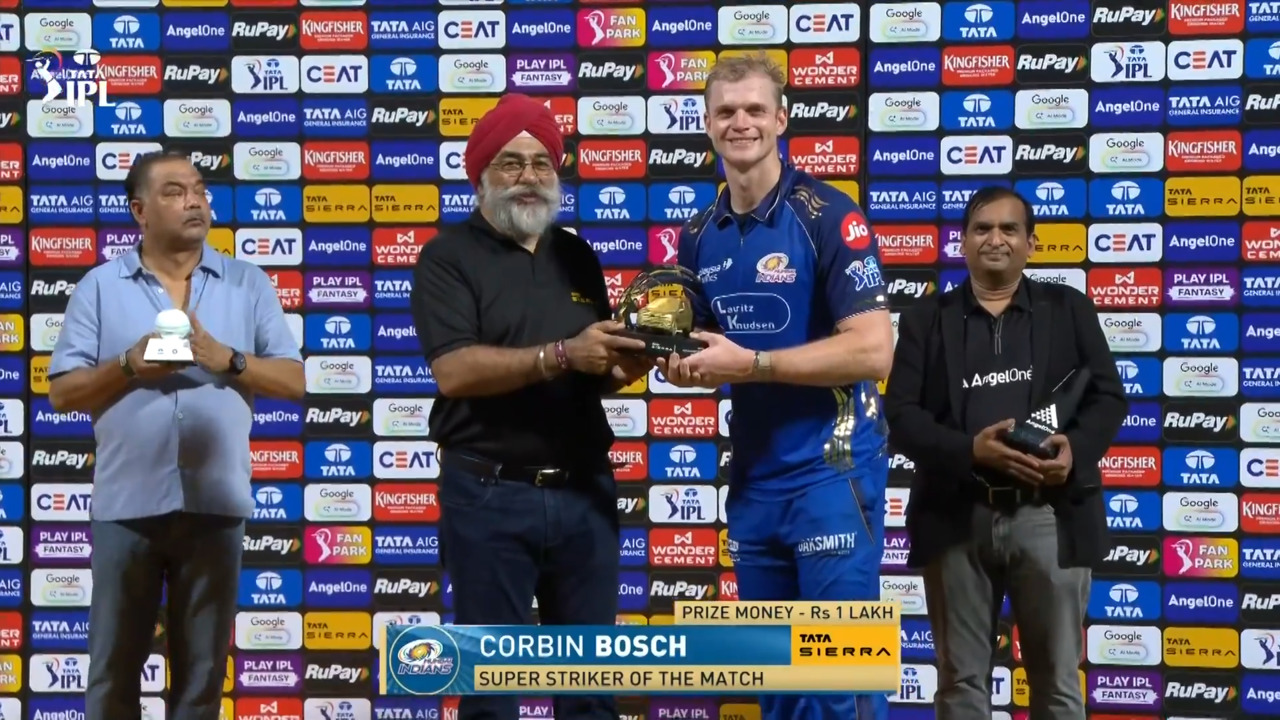 IPL 2026 M65: KKR vs MI - Sierra Super Striker of the Match - Corbin Bosch background