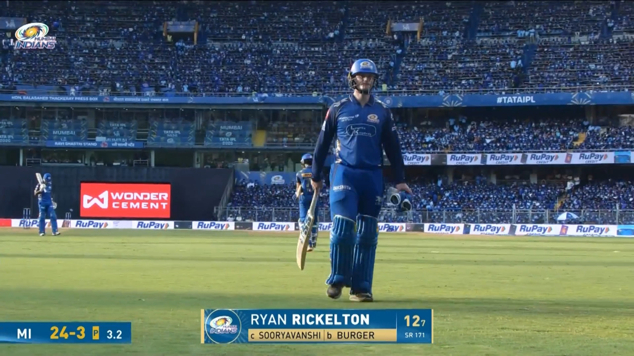 IPL 2026 M69: MI vs RR - Ryan Rickelton Wicket