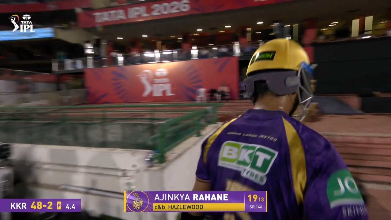 IPL 2026 M57: RCB vs KKR - Ajinkya Rahane Wicket background