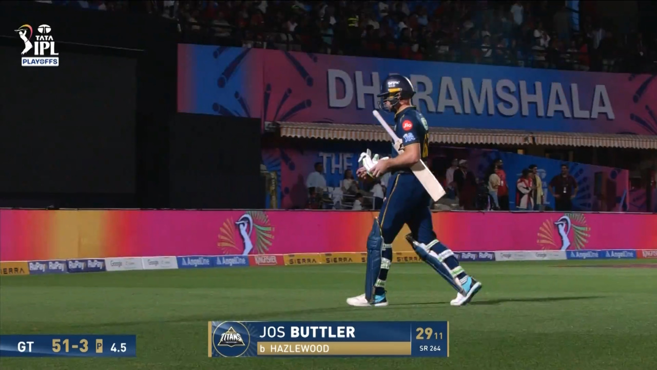 IPL 2026 Q1: RCB vs GT - Jos Buttler Wicket background