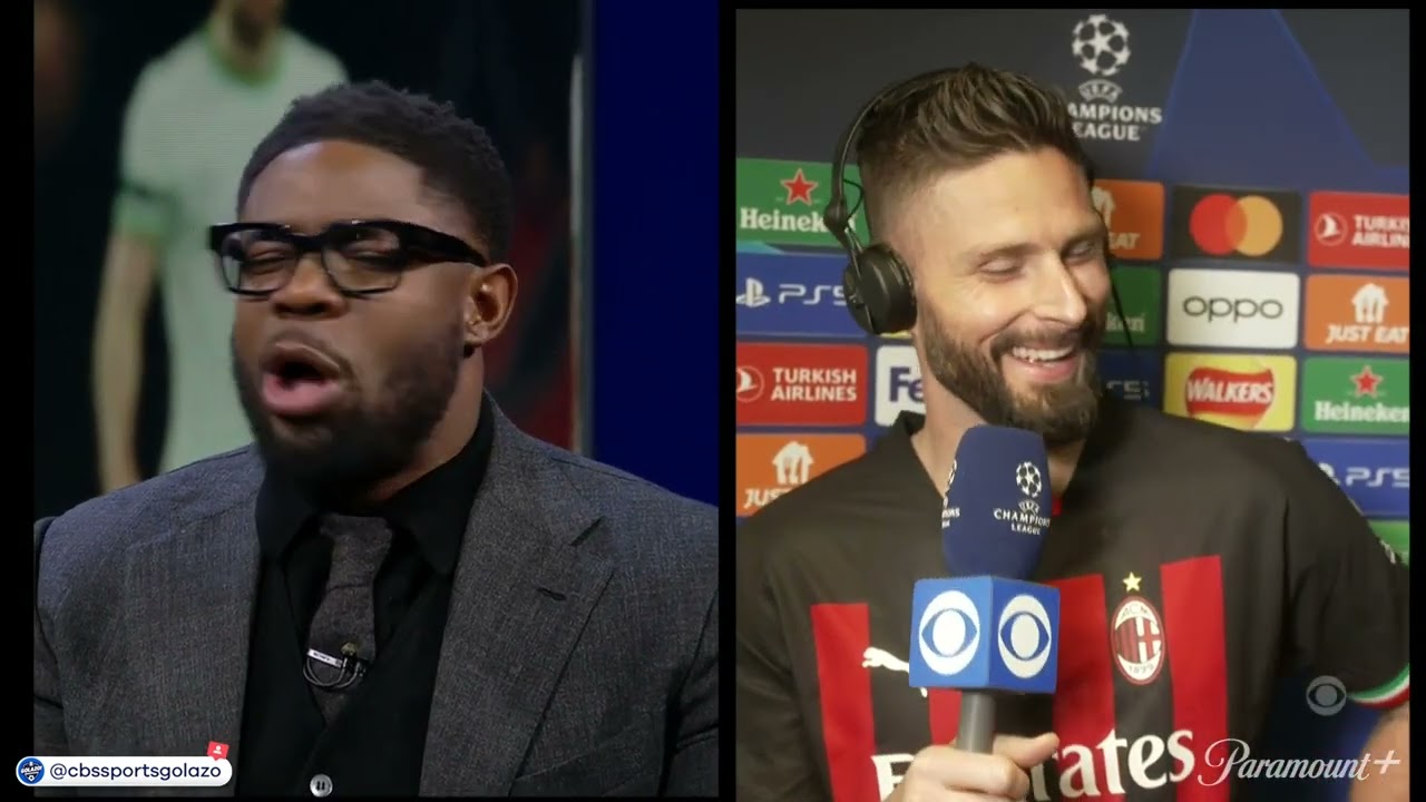 Olivier Giroud on AC Milan going through in UCL and having better hair than Micah Richards background